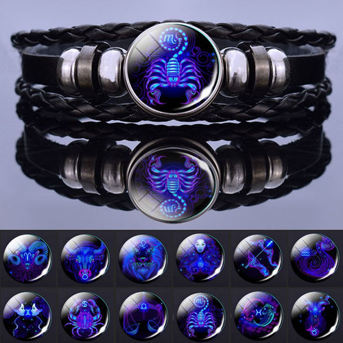 Luminous Twelve Constellation Couple Bracelet Imitation Black Leather Bracelet