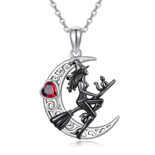 Sterling Silver Halloween Witch Moon Zircon Pendant Necklace For Women